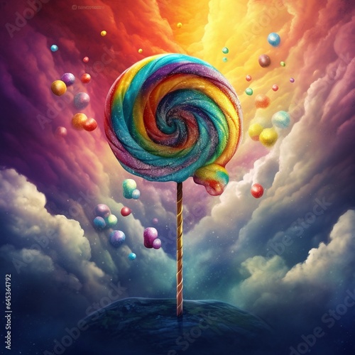 Lollipop with rainbow in cloudy nebula background 