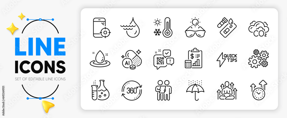 Qr code, Quickstart guide and Weather thermometer line icons set for app include Seo phone, Cogwheel, Hydroelectricity outline thin icon. Co2, Fuel energy, Yoga pictogram icon. Vector