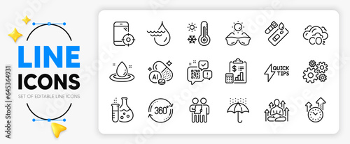 Qr code, Quickstart guide and Weather thermometer line icons set for app include Seo phone, Cogwheel, Hydroelectricity outline thin icon. Co2, Fuel energy, Yoga pictogram icon. Vector