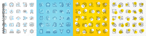 Vector icons set of Target, Teamwork and Winner ribbon line icons pack for web with Search files, Headphones, Quick tips outline icon. Voice wave, Atom core, Windmill pictogram. Vector