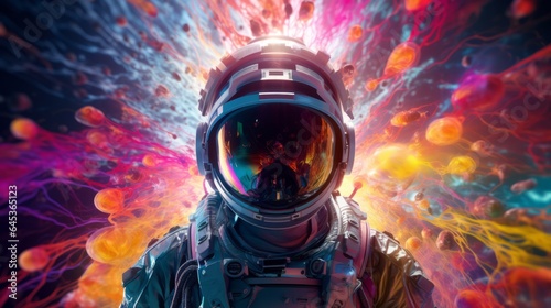 A man in a vibrant space suit standing in front of a mesmerizing explosion of colors