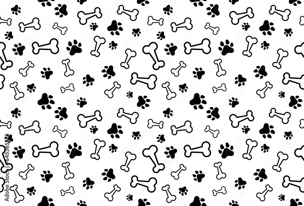 Fototapeta premium Bone And Cat Or Dog Paw Pattern Background. Decoration. Wallpaper. Vector Illustration