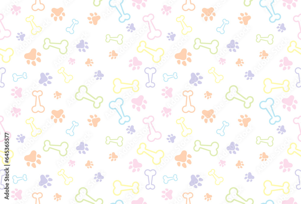 Pastel Colorful Bone And Cat Or Dog Paw Pattern Background. Wallpaper. Decoratiion. Vector Illustration