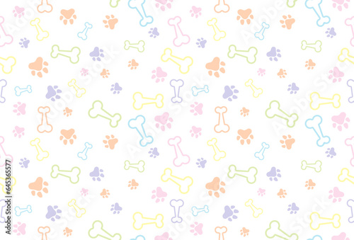 Pastel Colorful Bone And Cat Or Dog Paw Pattern Background. Wallpaper. Decoratiion. Vector Illustration