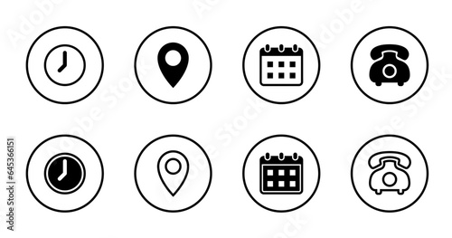 Time, address, date, and contact us icon vector in circle line. Clock, address, calendar, and telephone sign symbol