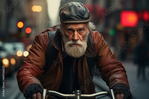 elderly man with a fearful look faces the city traffic