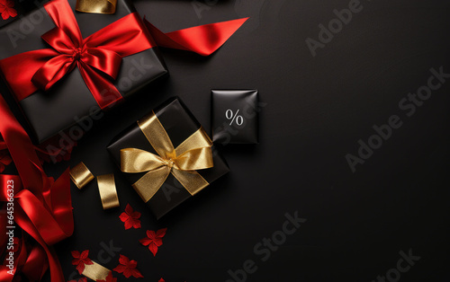 Against a dark surface, black gift boxes are beautifully organized, highlighting the allure of Black Friday deals.