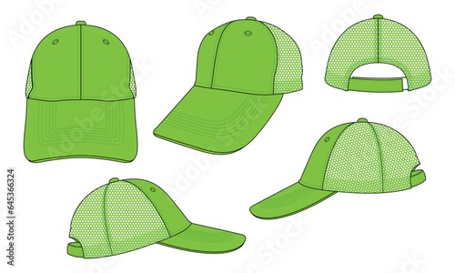 Green Mesh Baseball Cap With Adjustable Hook-Loop Strap Back Template on White Background