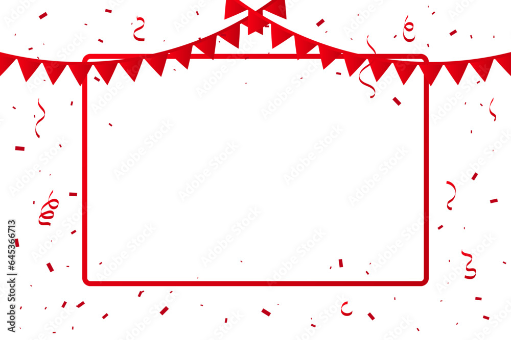 Obraz premium Red Frame And Confetti With Ribbons Falling On White Background. Celebration Event And Birthday. Grand Opening. Vector