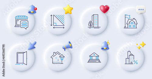 Building, Triangle area and Street light line icons. Buttons with 3d bell, chat speech, cursor. Pack of Court building, Open door, Buildings icon. Mortgage, Food market pictogram. Vector