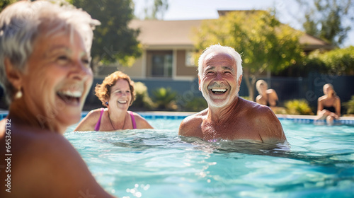 Senior partners joining a group for a morning swim in a community pool, staying active and social, elderly couples