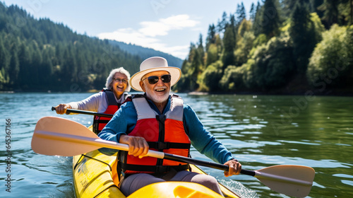 Two retirees enjoying a day of kayaking, paddling through tranquil waters, elderly couples