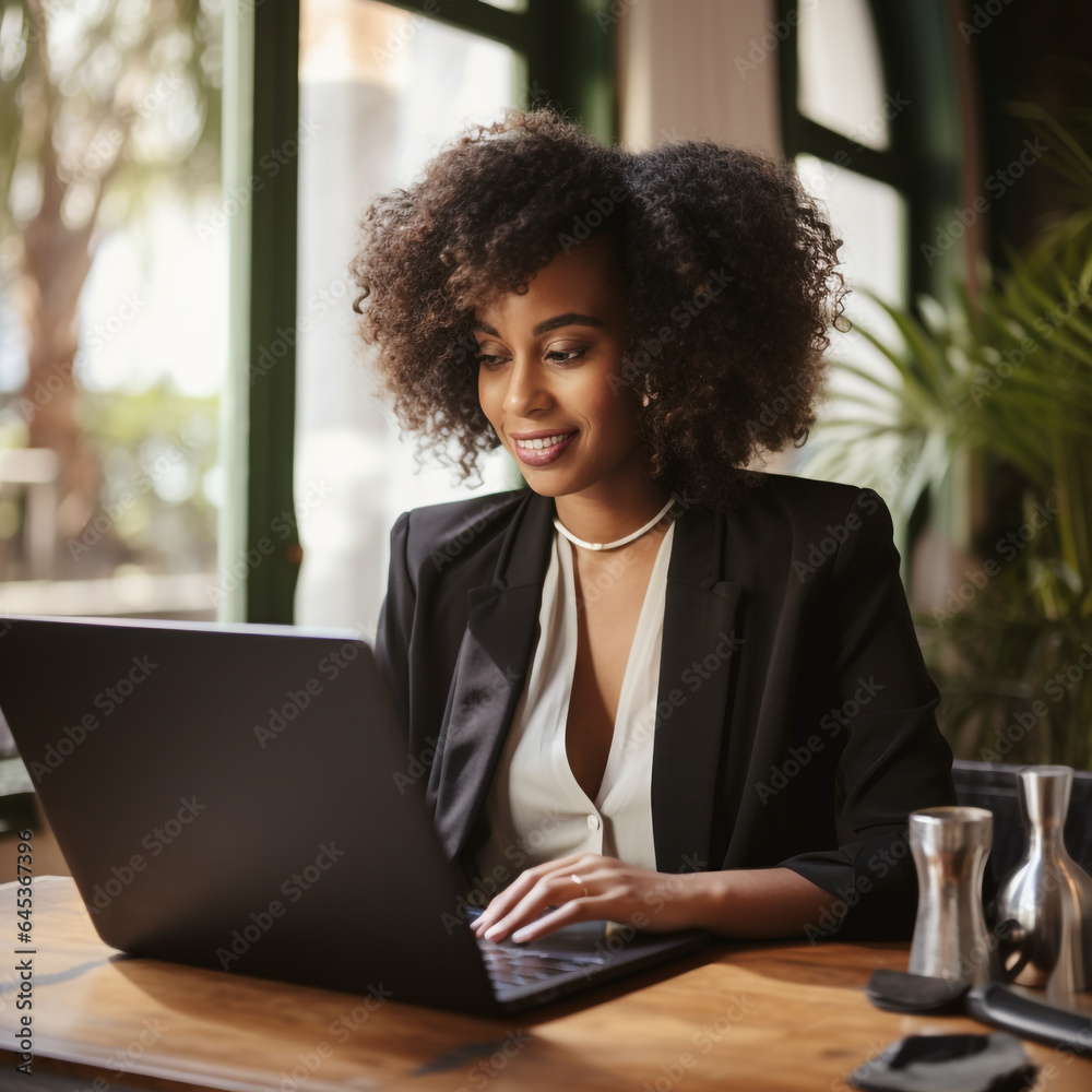 businesswoman working on laptop, Female IT professional smiling looking at laptop forward facing, AI Generative businesswoman working on laptop, Female IT professional smiling looking at laptop forward facing, AI Generative
