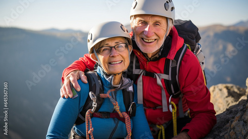An elderly pair embracing the challenge of rock climbing, conquering heights and fears, elderly couples