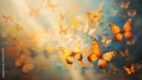 A colorful swarm of butterflies in flight