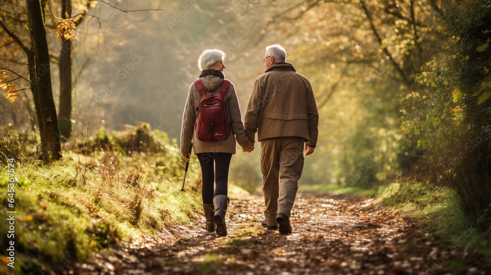 An elderly pair embarking on a nature hike, holding hands as they explore the great outdoors, elderly couples