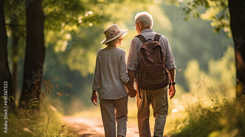 An elderly pair embarking on a nature hike, holding hands as they explore the great outdoors, elderly couples