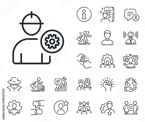 Engineer Profile with cogwheel sign. Specialist, doctor and job competition outline icons. Worker line icon. Male Person silhouette symbol. Engineer line sign. Vector
