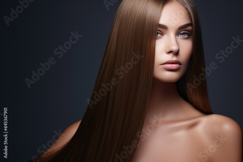 Beautiful young brunette woman with perfect and shining long straight hair. Beauty and hair care