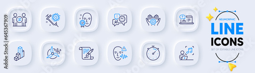 Timer, Face verified and Online help line icons for web app. Pack of Time management, Employee hand, Windmill turbine pictogram icons. Music, Voice wave, Discrimination signs. Vector