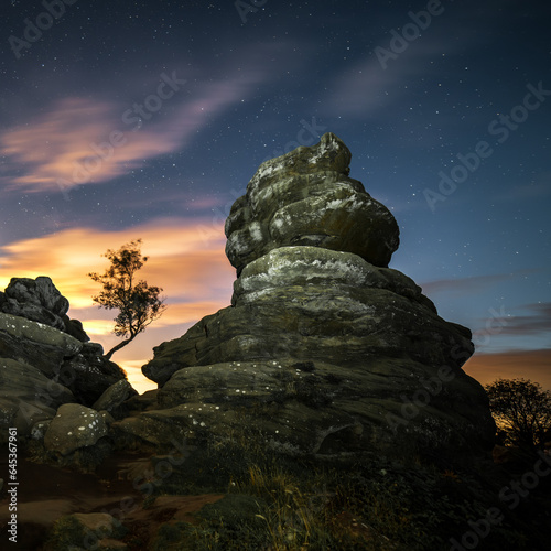 Brinham Rocks night scene, Yorkshire, UK