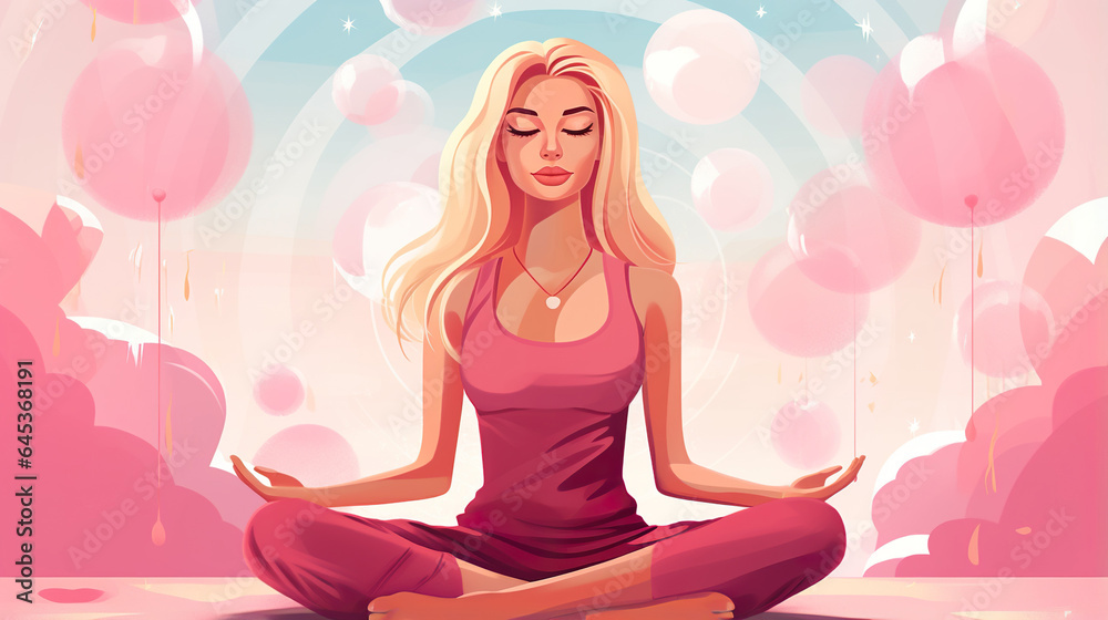 young happy peaceful female meditating and practice yoga in lotus pose, in style of pastel pink, generative AI