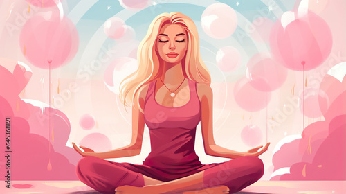 young happy peaceful female meditating and practice yoga in lotus pose, in style of pastel pink, generative AI