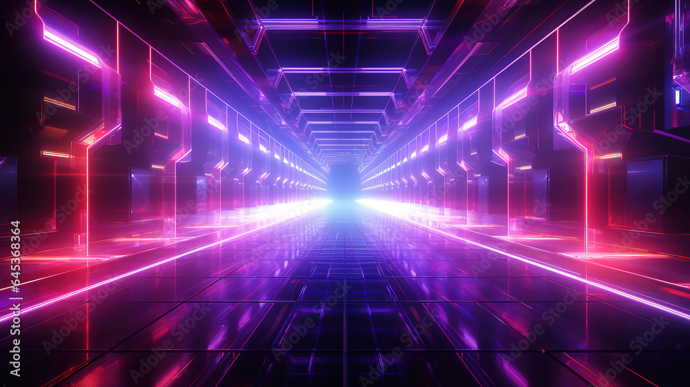 Sci-Fi grunge damaged metallic corridor background illuminated with neon lights. Generative Ai