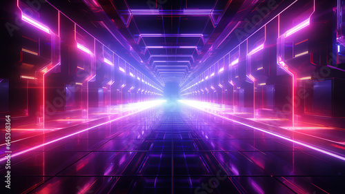 Sci-Fi grunge damaged metallic corridor background illuminated with neon lights. Generative Ai