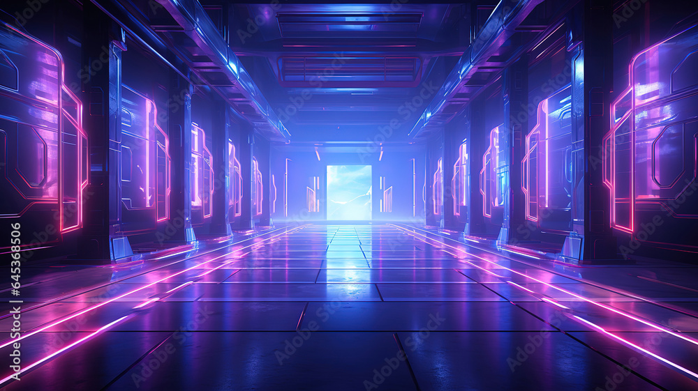 Empty dark room, modern futuristic sci fi background, 3d illustration. Generative Ai Empty dark room, modern futuristic sci fi background, 3d illustration. Generative Ai