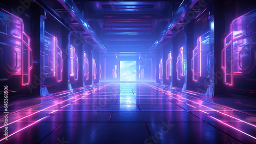 Empty dark room, modern futuristic sci fi background, 3d illustration. Generative Ai