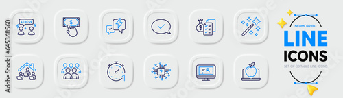 Payment click, Approved message and Group line icons for web app. Pack of Online video, Work home, Artificial intelligence pictogram icons. Timer, Difficult stress, Laptop signs. Vector