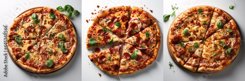 A top view arrangement of a classic pizzeria pizza, complete with sliced pieces, against a white background..