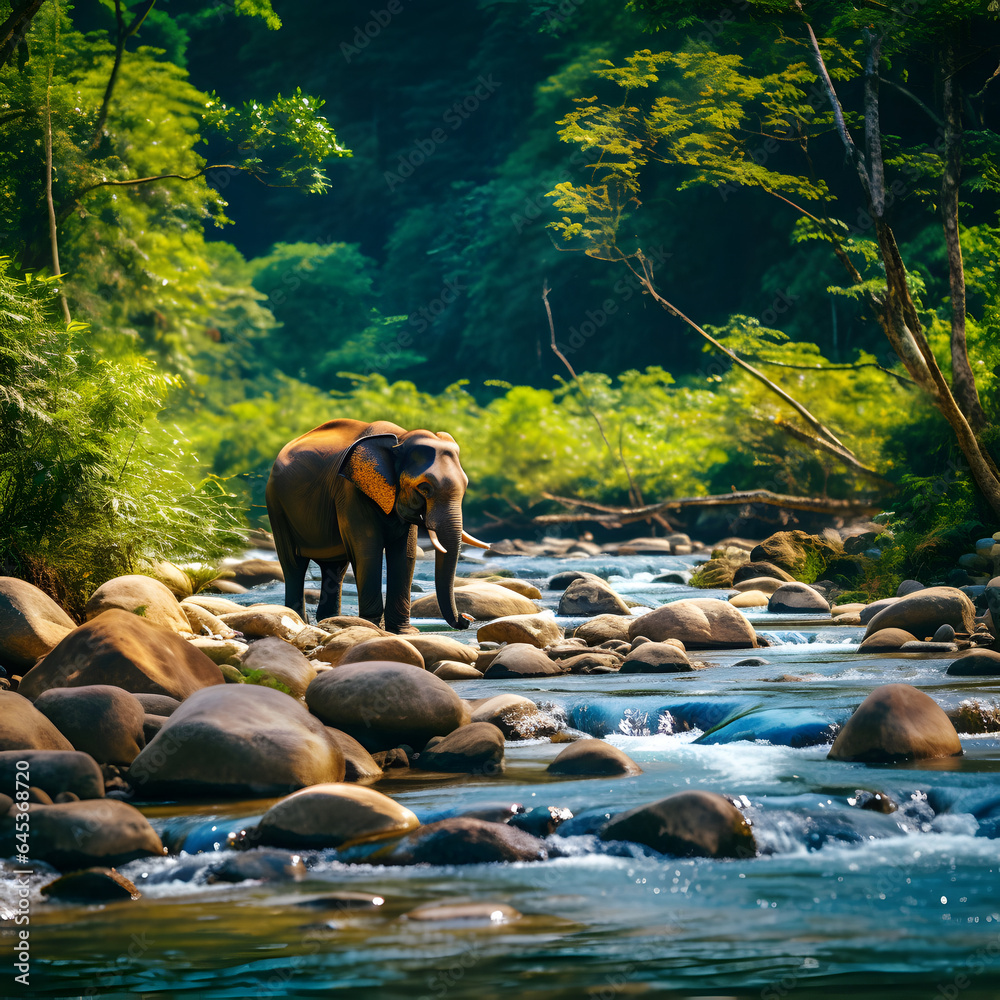 Elephant at the stream in jungle.