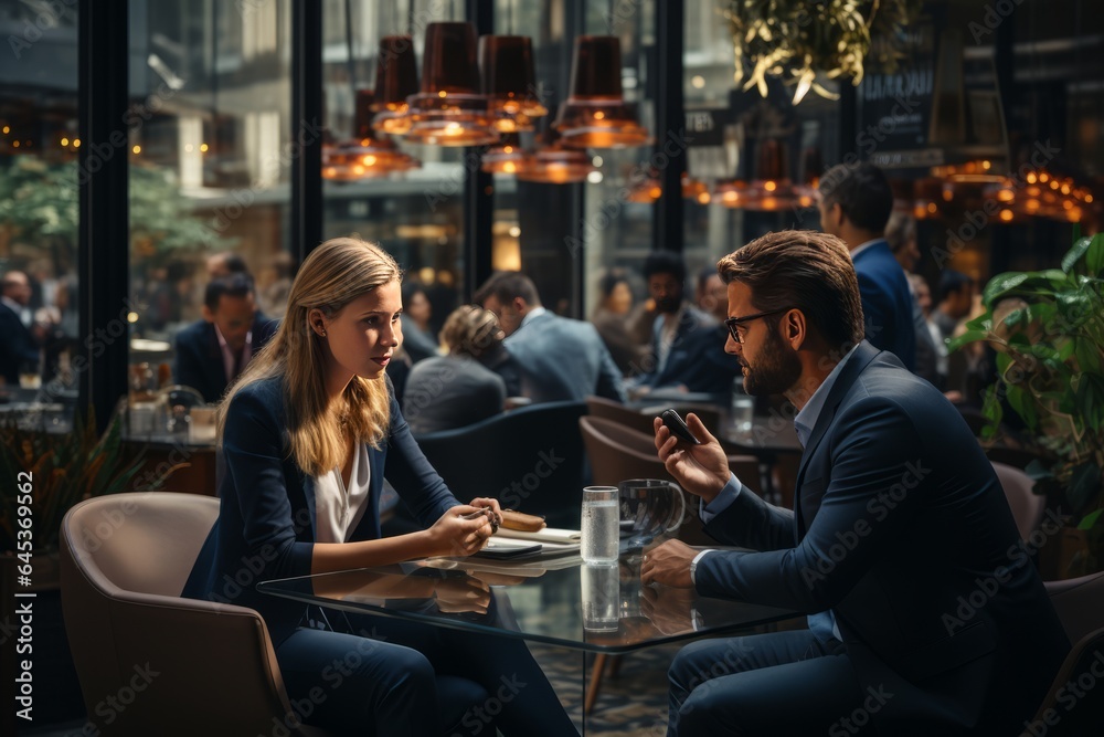 Business Negotiation Scene Showcasing Two People Talking, Generative AI