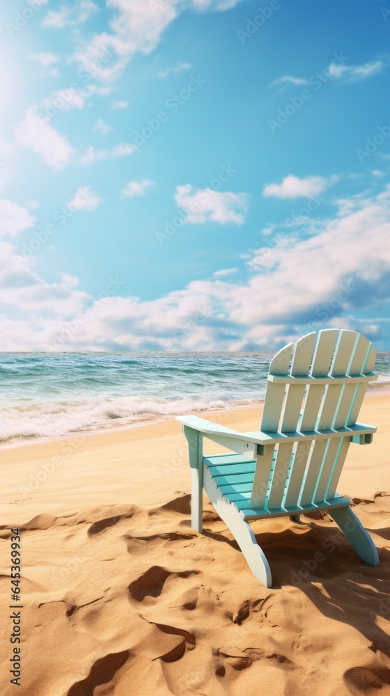 A blue chair on a sandy beach