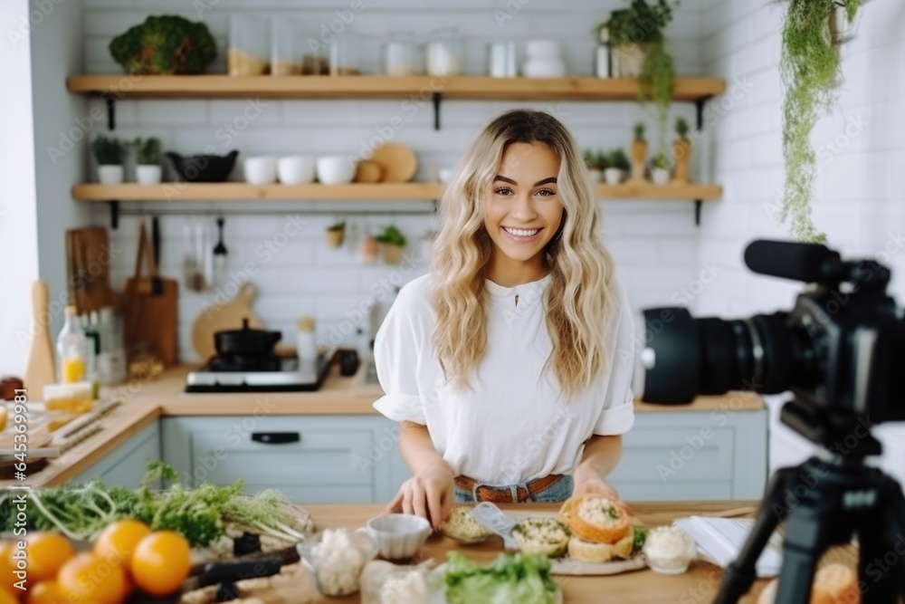 A young woman food blogger cooking salad in front of smartphone camera while recording vlog video and live streaming at home in kitchen. - obrazy, fototapety, plakaty 