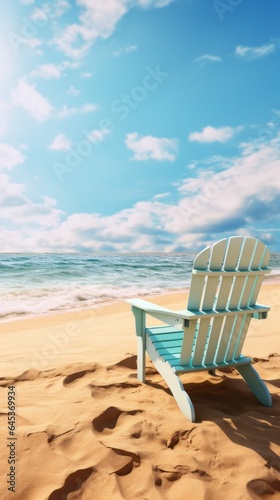 A blue chair on a sandy beach