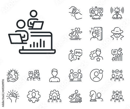 Remote office sign. Specialist, doctor and job competition outline icons. Teamwork line icon. Team employees symbol. Teamwork line sign. Avatar placeholder, spy headshot icon. Strike leader. Vector