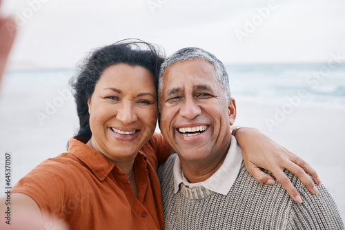 Ocean, senior or selfie portrait of happy couple with love, smile or support for a romantic bond together. Beach, old man or elderly woman taking photograph or picture memory in retirement in nature