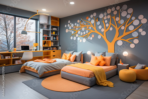 Interior of a modern children s room with a comfortable bed and bookshelves