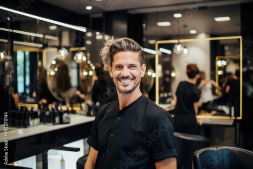 Portrait of handsome guy hairstylist. Proud owner standing in front of his modern hairdressing salon  confident entrepreneur  small business owner