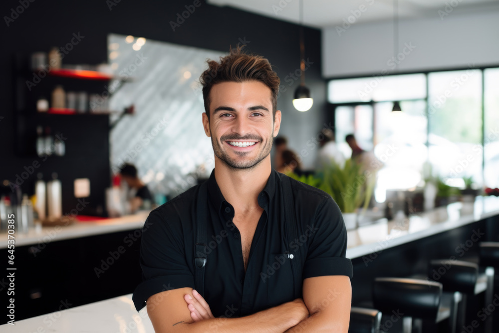 Proud coffee shop owner standing in front of his cozy café, confident entrepreneur, small business owner	