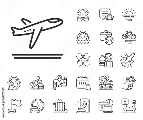 Airplane take off sign. Plane jet, travel map and baggage claim outline icons. Airport departure plane line icon. Flight symbol. Departure plane line sign. Car rental, taxi transport icon. Vector