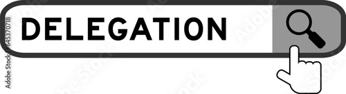 Search banner in word delegation with hand over magnifier icon on white background