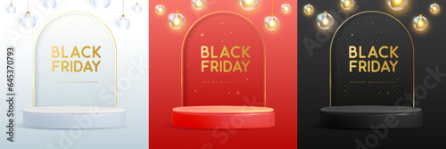 Set of black friday showcase backgrounds with 3d podium, arch and electric lamps. Vector illustration
