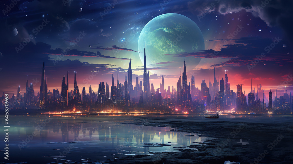 Futuristic Cityscape with Skyscrapers and Towers on a Beautiful Cyberpunk Alien Planet. Generative Ai