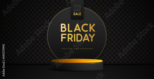 Black friday big sale showcase background with 3d podium and golden texture. Vector illustration