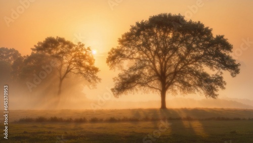 A tree with foggy season during sunset