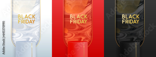 Set of black friday showcase backgrounds with 3d podium and marble texture. Vector illustration